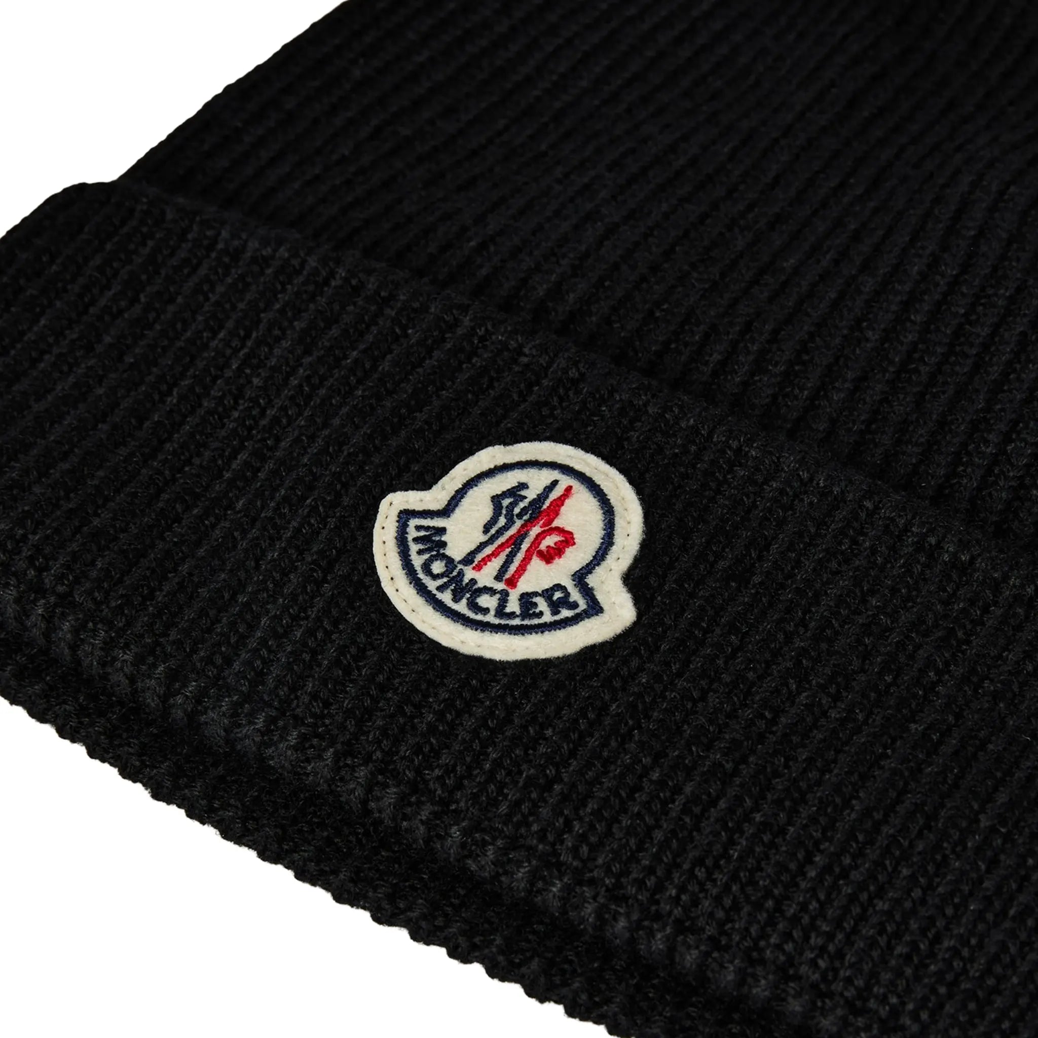 Detailed View of Moncler Logo Wool Mens Black Beanie K20913B70500A9342